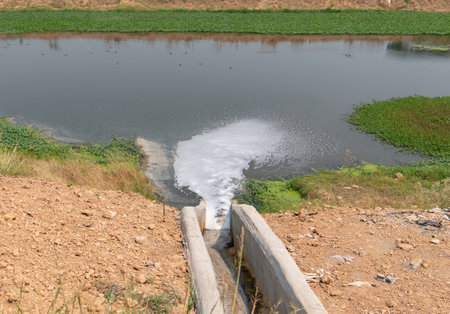 Drain gutter back of factory water flow to treatment pond.の写真素材