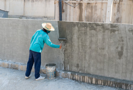 Worker use rolling brush for primer paint concrete Loft style on wall.の写真素材