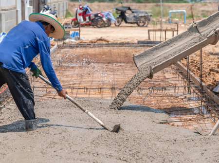 Worker spreading concrete with rakes at construction siteの写真素材