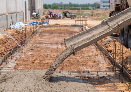 Pouring ready-mixed concrete after placing steel reinforcement to make the road.の写真素材