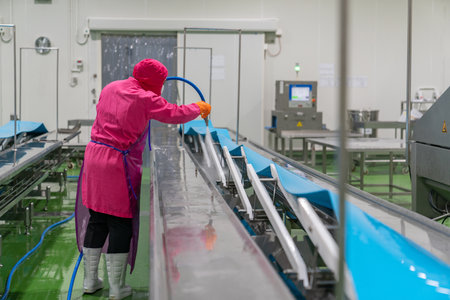 Worker spray water on conveyor after finishing his daily job in industrial slaughterhouse