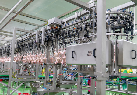 Chicken carcasses suspended on the equipment at the modern processing factory.の写真素材
