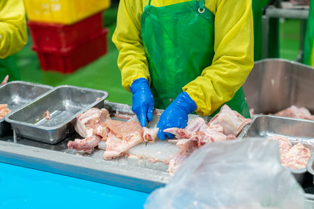 Worker use knife slice chicken drum stick in process line.の写真素材