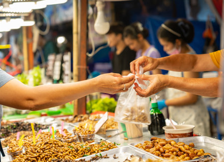 Seller and customer trade deep fried insect in street food asian.の写真素材
