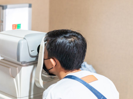 Adult male checking eye vision in annual health check up.