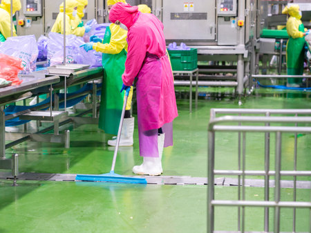 Worker cleaning green floor with mob in process line.の写真素材
