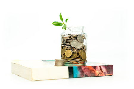 Green Plant Growing from Jar of Coins on the book isolate on white background.の写真素材