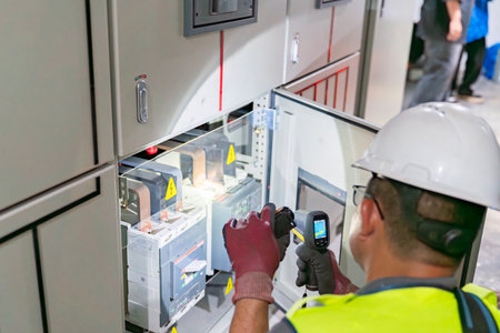 Electric engineer use temp gun inspection main breaker for monitor temperature.