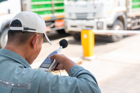 An environmental officer is setting up noise monitoring equipment at the truck loading zone as part of the noise assessment.の写真素材