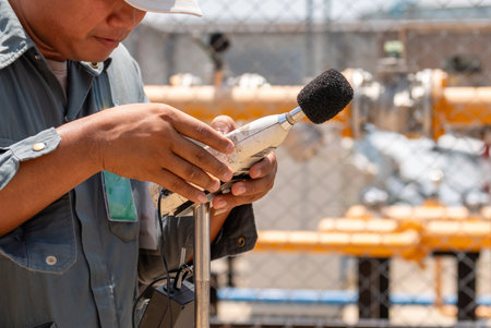 An environmental officer is configuring the noise monitoring system inside the factory.