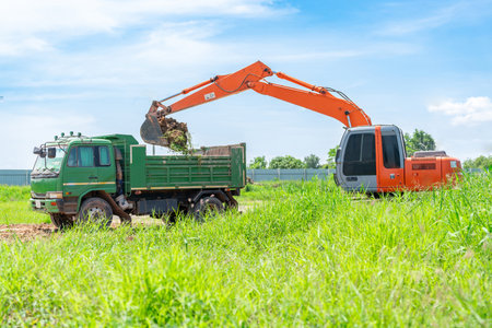The excavator is loading soil into the dump truck at grassland.の写真素材