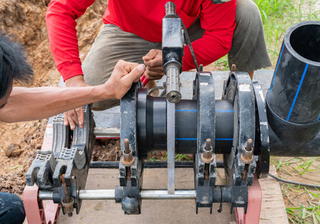 The worker is aligning and pressing the pipe flange firmly against the butt fusion welding machine.