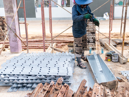 The worker, dressed in protective clothing and gloves, is dipping steel brackets into a container of gray anti-corrosion paint. Nearby, stacks of both coated and uncoated metal components are arranged on the ground.の写真素材