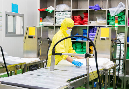 A worker, also in a yellow hygienic suit, an inkjet printer over stacked plastic bags in a packaging preparation area.の写真素材