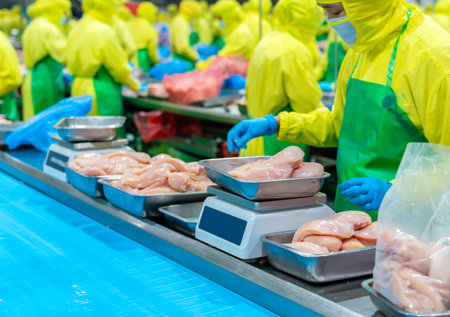 Worker in protective gloves weighing raw chicken breast fillets on a digital scale for quality control and packaging at a modern poultry processing factory.の写真素材