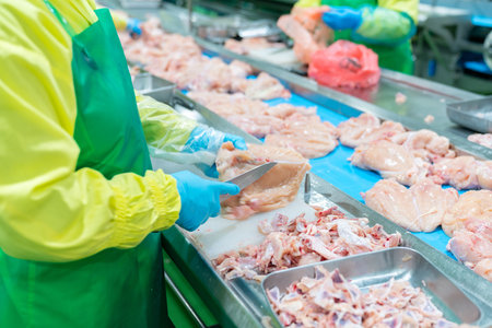 initial sorting and handling of raw chicken feet from a chilling unit, precise slicing of chicken fillets for deboning, and quality control checks involving the weighing and final packing of breast meat on digital scales.の写真素材