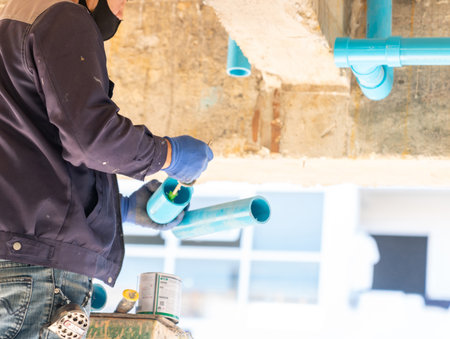 Plumber applies adhesive glue to blue PVC pipes while working under a concrete ceiling, preparing plumbing connections during building construction.の写真素材