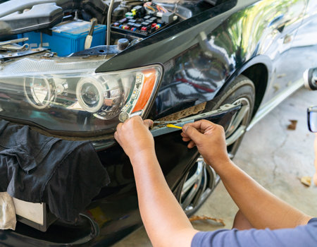 A close-up, high-angle shot captures a mechanic's hands carefully applying a yellow adhesive or sealant to a detached section of a black car's front bumper.の写真素材