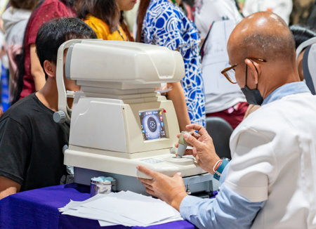 An optometrist or ophthalmologist operating a digital auto-refractor machine during a public health screening.の写真素材