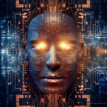 Close-up of electronic circuit board with processor Human-like Artificial Intelligence Head with Electronic Circuit Skin Texture and Computer Components on Dark Geometric Digital Pattern Background, generative aiの素材