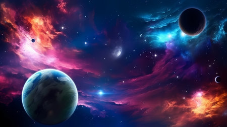 Outer space with stars, planets and cloud formations, and the three reiki attunement symbols in right corner with plenty of copy space on leftの素材