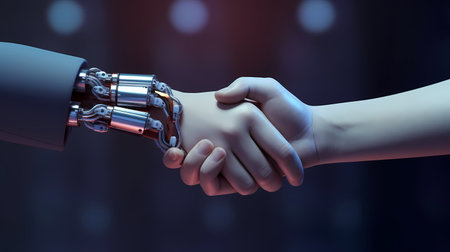 Man hand handshake with cy-ber robot isolated on black background.の素材