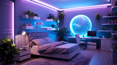 Typical teenage bedroom interior with a purple led light illumination, generative AIの素材