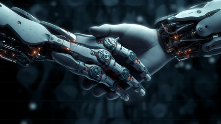 Man hand handshake with cy-ber robot isolated on black background.の素材