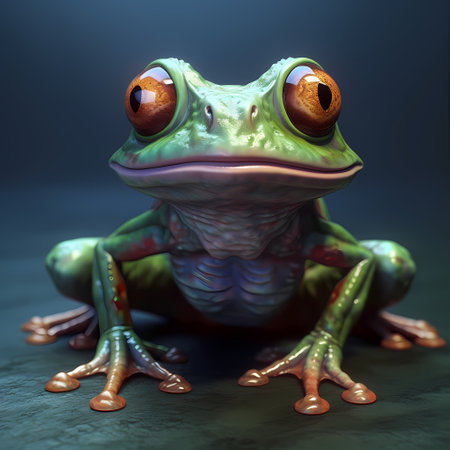 3D render of a green frog sitting on a dark background.の素材