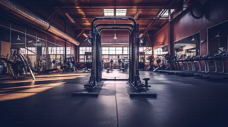 Interior of a modern fitness hall with gym equipment. Toned imageの素材