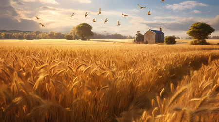 Wheat field with old farm house and birds flying in the skyの素材