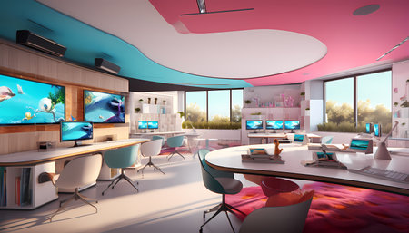 3D rendering of a modern office interior with computers and work spaceの素材