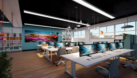 Modern office interior design. 3D rendering. Computer and laptop on the table.の素材