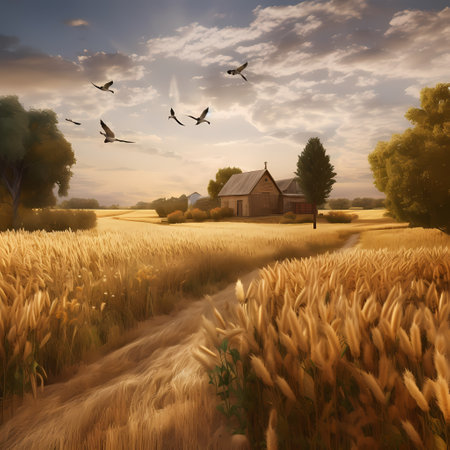 Sunrise over a field of grain with dirt road leading toward the horizonの素材