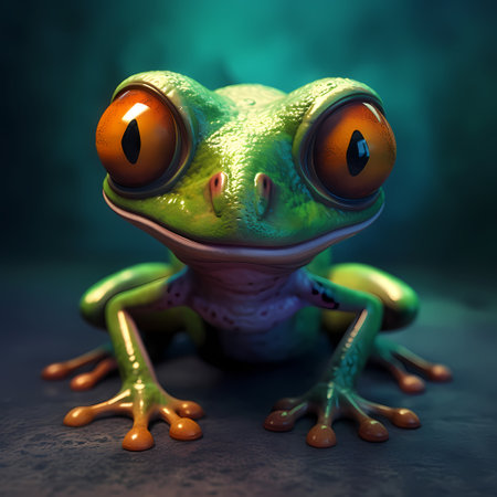 Wax frog sitting on a limb Cute frog on dark background with glowing smoke, magical creature, dark Halloween holiday. Generative AIの素材