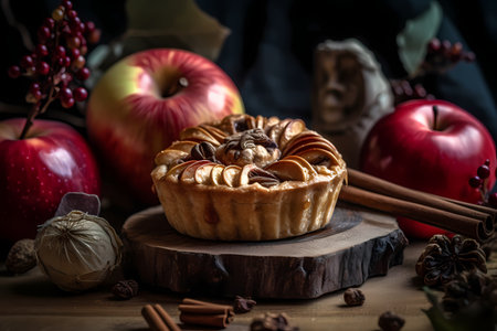 Piece of homemade apple pie in vintage setting Homemade Apple Pies on white wooden background, top view. Classic autumn Thanksgiving dessert - organic apple pie.の素材