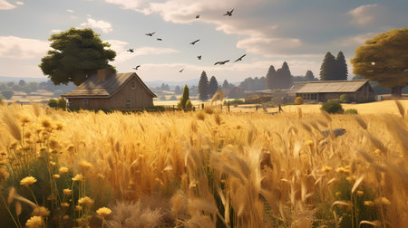 Beautiful rural landscape with a field of wheat and a wooden houseの素材