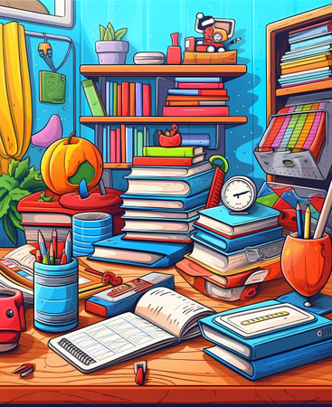 Back to school. Vector illustration of a school room with a bookshelf, books, pencils, alarm clock and other items.の素材