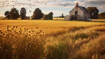 A beautiful shot of a grain field with a barn in the backgroundの素材