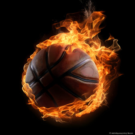 An illustration of a flaming basketball flying through a black background. vector eps 10 file available. eps contains transparencies and gradient mesh.の素材