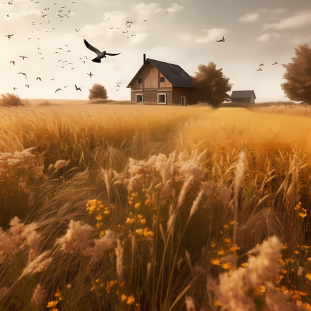 Sunrise over a field of grain with dirt road leading toward the horizonの素材