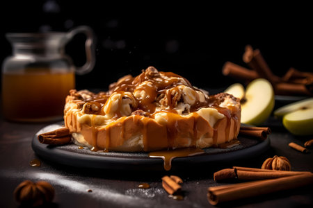 Waffles with caramel and apples on a black background. Selective focus.の素材