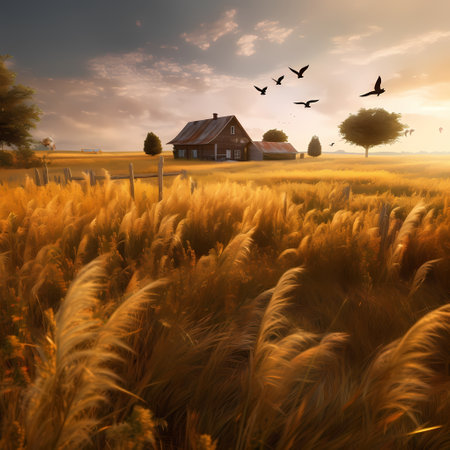 Sunrise over a field of grain with dirt road leading toward the horizonの素材