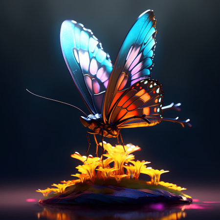 Glowing, purple butterfly wings on a black background.の素材