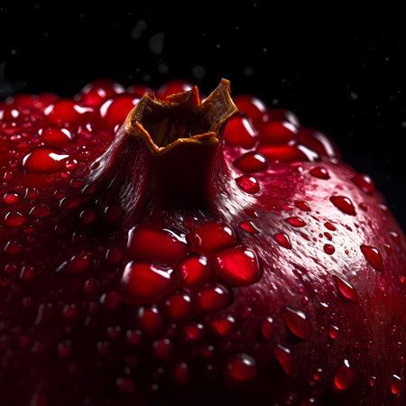 Close-up segments with ripe pomegranate arils on black background. Fresh pomegranate seeds. Cut open fruit scattered red grains indoors. Organic natural antioxidant. Studio shot. Health nutritionの素材