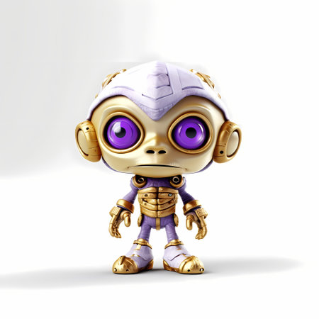 A cute purple glossy shiny silver metallic robot character presenting or pointing out somethingの素材