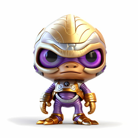 A cute purple glossy shiny silver metallic robot character presenting or pointing out somethingの素材