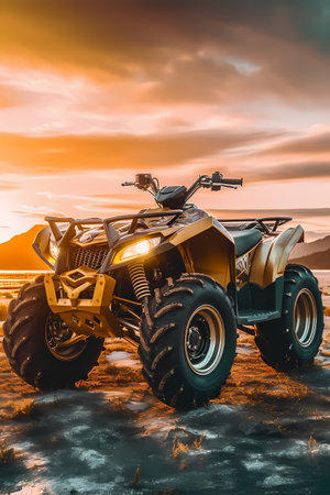 ATV racer takes a turn during a race on a dusty terrain.の素材