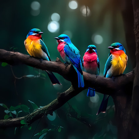 A neon blue mountain bluebird perches on a branch on a rainy dayの素材