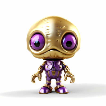 A cute purple glossy shiny silver metallic robot character presenting or pointing out somethingの素材